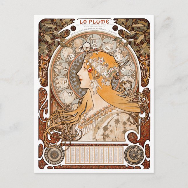 Postal Plume Zodiac Mujer de Alphonse Mucha - Art Nouveau (Anverso)