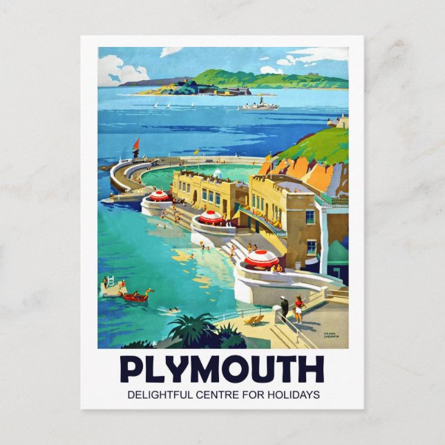 Postal Plymouth, paisaje costero, viaje vintage (Anverso)