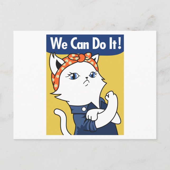 Postal ¡Podemos Hacerlo! El gato blanco Rosie the Riveter (Anverso)