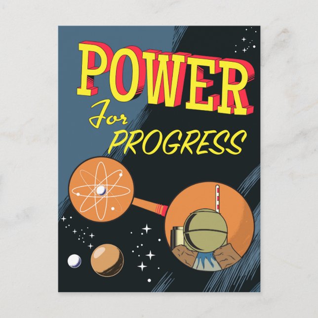 Postal Poder para el progreso cartel vintage atómico (Anverso)