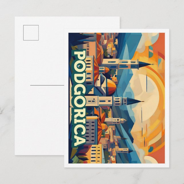 Postal Podgorica Montenegro Viaje artístico colorido (Anverso / Reverso)