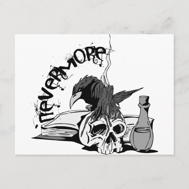 Postal Poe Nevermore Raven Skull & Book (Anverso)
