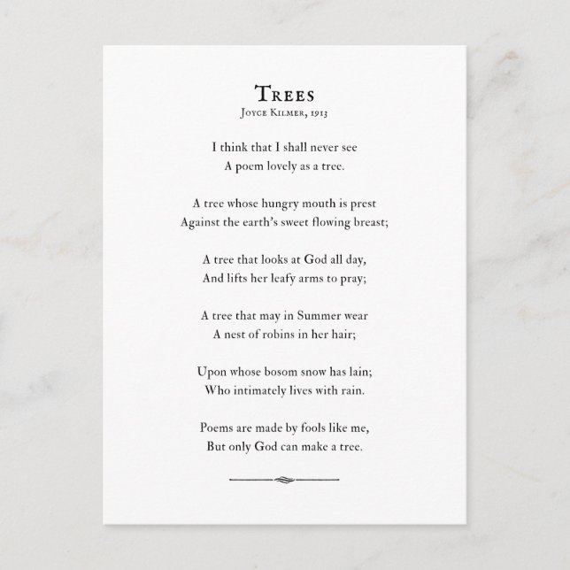 Postal Poema de árboles de Kilmer, poesía inspiradora (Anverso)