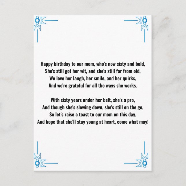 Postal Poema Divertido para Mujer de 60 años (Anverso)