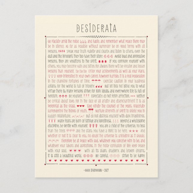 Postal Poema Inspirador de Desiderata (Anverso)