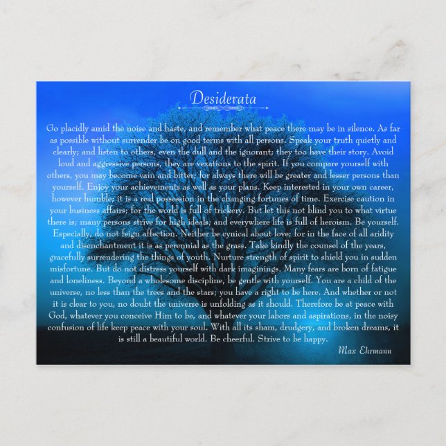 Postal Poema Inspirador Desiderata con árbol místico (Anverso)