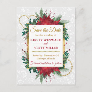 Postal Poinsettia Acuarela Boda de Invierno Save The Date
