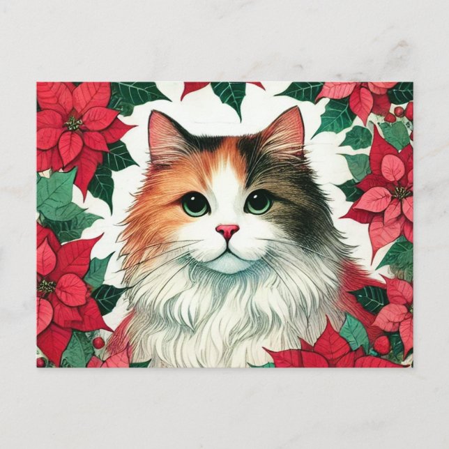 Postal Poinsettia Calico Cat Navidades (Anverso)