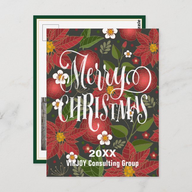 Postal Poinsettia Floral Elegante Script Photo Business (Anverso / Reverso)
