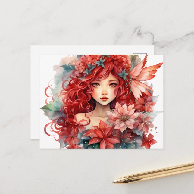 Postal Poinsettia Flower Fairy Chica (Anverso/Reverso In Situ)
