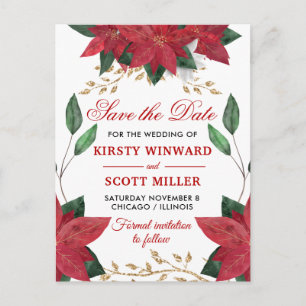 Postal Poinsettia Roja Acuarela para Boda Save the Date