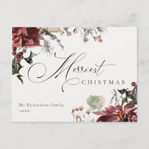 Postal Poinsettia Roja Oscura Floral Navidad Más Alegre