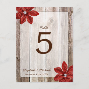 Postal Poinsettia Rustic Barn Wood Boda Número de tabla