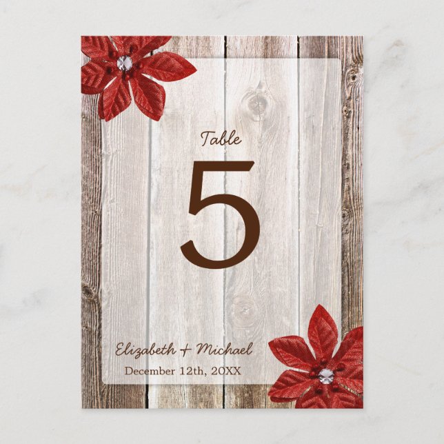 Postal Poinsettia Rustic Barn Wood Boda Número de tabla (Anverso)