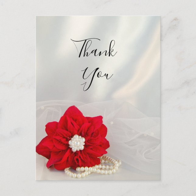 Postal Poinsettia White Pearls Winter Wedding Gracias (Anverso)