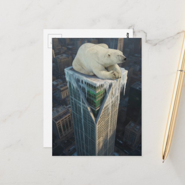 Postal Polar Bear on Skyscraper melting ice surreal  (Anverso/Reverso In Situ)