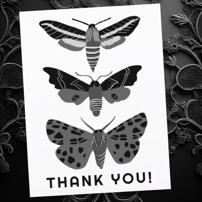 Postal Polillas Mágicas Místicas Negras y Blancas GRACIAS (Gothic dark moths make a moody thank you card. customize with your own text)