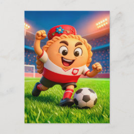 Postal Polish pierogi soccer player on bright stadium fie