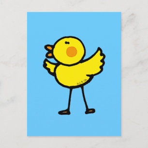 Postal Pollito Juguetón sobre Ilustración Azul