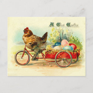 Postal Pollito vintage en bicicleta Pascua
