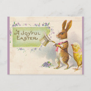Postal Pollito Vintage y Conejo de Pascua con Sombrero de