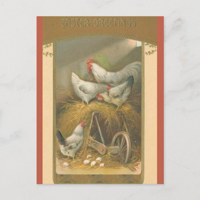 Postal Pollitos Antiguos sobre Heno Pascua (Anverso)