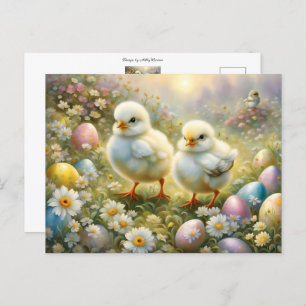 Postal Pollitos en un prado con huevos de Pascua, cosecha