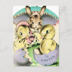 Postal Pollitos y conejo de Pascua retro