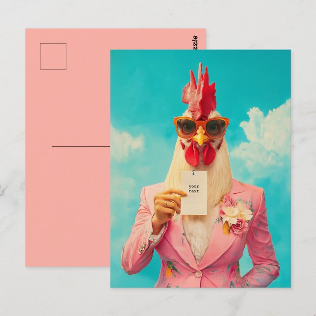 Postal Pollo Chic en Traje Rosa (Anverso / Reverso)