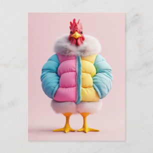 Postal Pollo con Estilo en Colorida Chaqueta Acolchada de