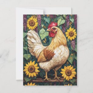 Postal Pollo con pintura de aceite de flores