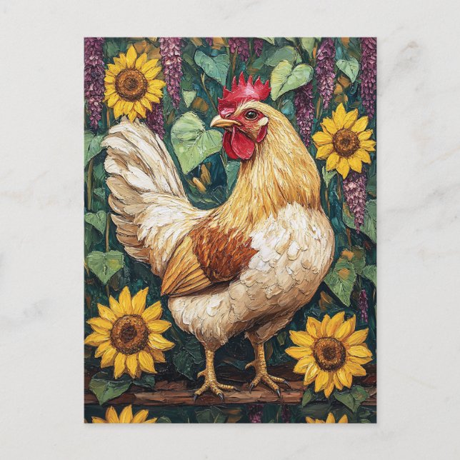 Postal Pollo con pintura de aceite de flores (Anverso)