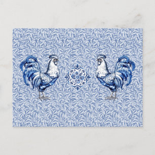 Postal Pollo De Gallo Azul Y Blanco Delft