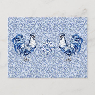 Postal Pollo De Gallo Azul Y Blanco Delft