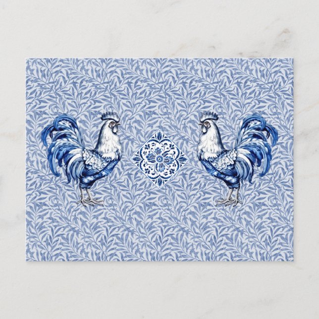 Postal Pollo De Gallo Azul Y Blanco Delft (Anverso)