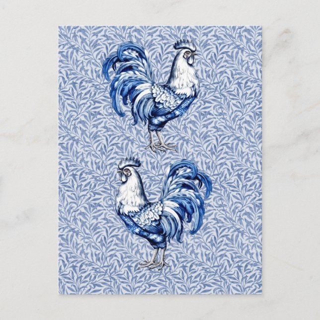 Postal Pollo De Gallo Azul Y Blanco Delft (Anverso)