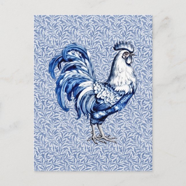 Postal Pollo De Gallo Azul Y Blanco Delft (Anverso)