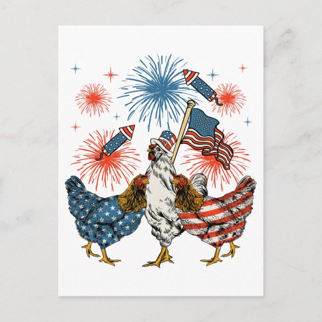 Postal Pollo USA Bandera Patriótica 4 de Julio (Anverso)