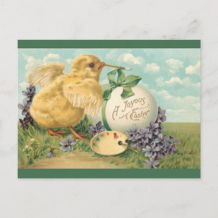 Postal Pollo Vintage con paleta de pintura en Pascua