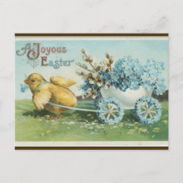 Postal Pollo Vintage con ruedas florales Pascua