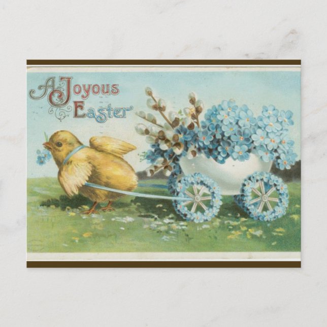 Postal Pollo Vintage con ruedas florales Pascua (Anverso)