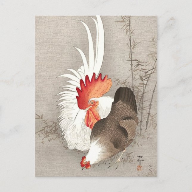 Postal Pollo y gallo de Ohara Koson (Anverso)