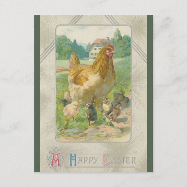 Postal Pollos Antiguos en una Granja de Pascua (Anverso)