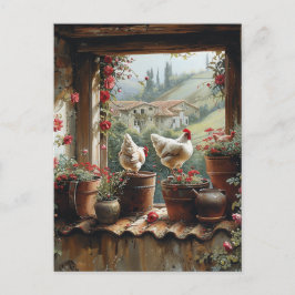 Postal Pollos Cubo Oxidado Macetas de Arcilla Tejas Campo