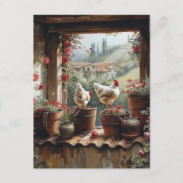 Postal Pollos Cubo Oxidado Macetas de Arcilla Tejas Campo (Anverso)