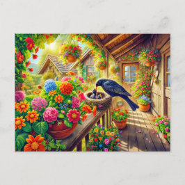 Postal Pollos de alimentación de aves negras en el nido