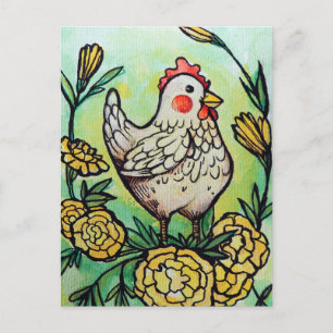 Postal Pollos de Ilustracion de flores y pollo