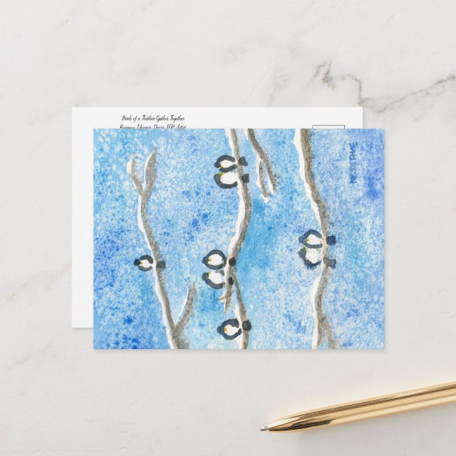 Postal Pollos en ramas de árboles en nieve de invierno (Anverso/Reverso In Situ)