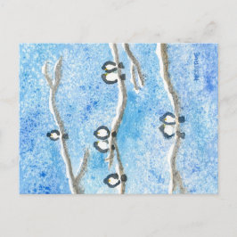 Postal Pollos en ramas de árboles en postca de nieve de i