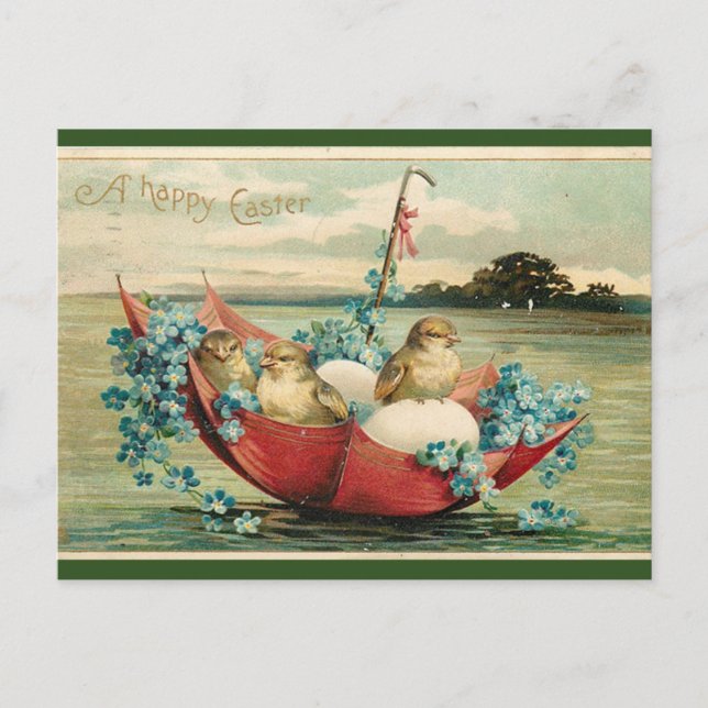 Postal Pollos y violetas añejos en una paraguas de Pascua (Anverso)